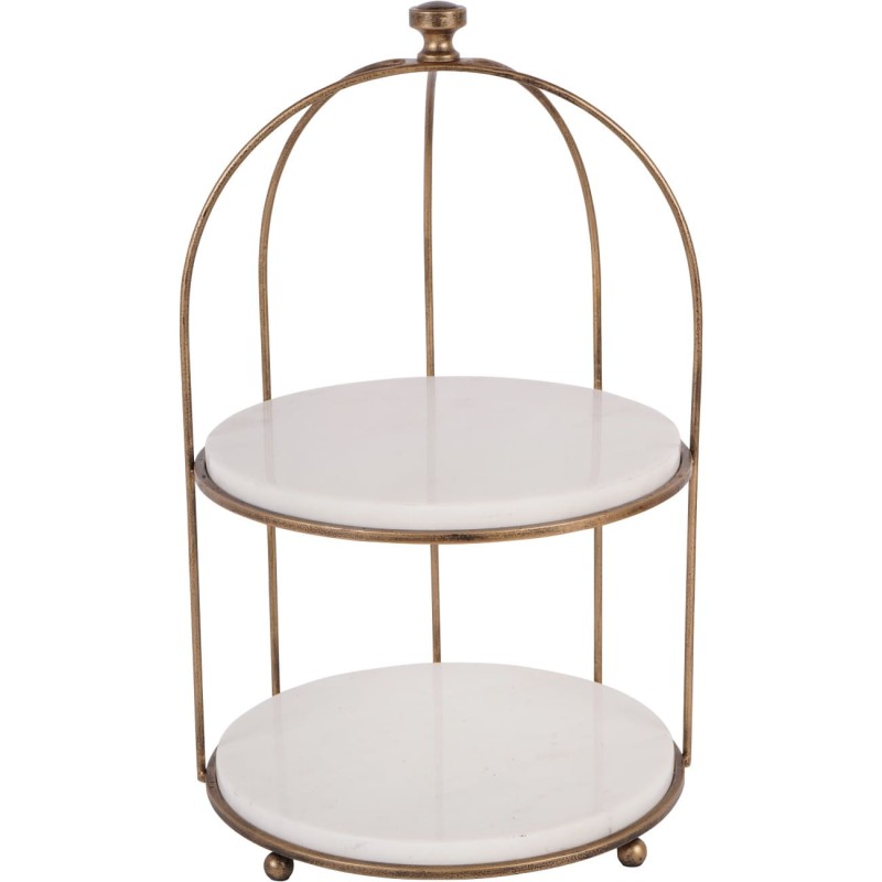 White marble cake stand with antique gold iron frame