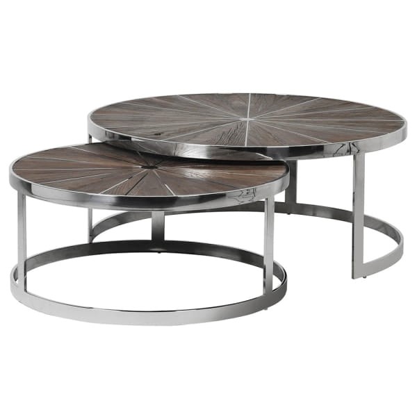 Manchester Set of 2 Coffee Tables – 100 cm & 80 cm, Reclaimed Walnut Wood, Stainless Steel Frame