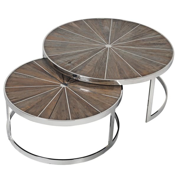 Manchester Set of 2 Coffee Tables – 100 cm & 80 cm, Reclaimed Walnut Wood, Stainless Steel Frame