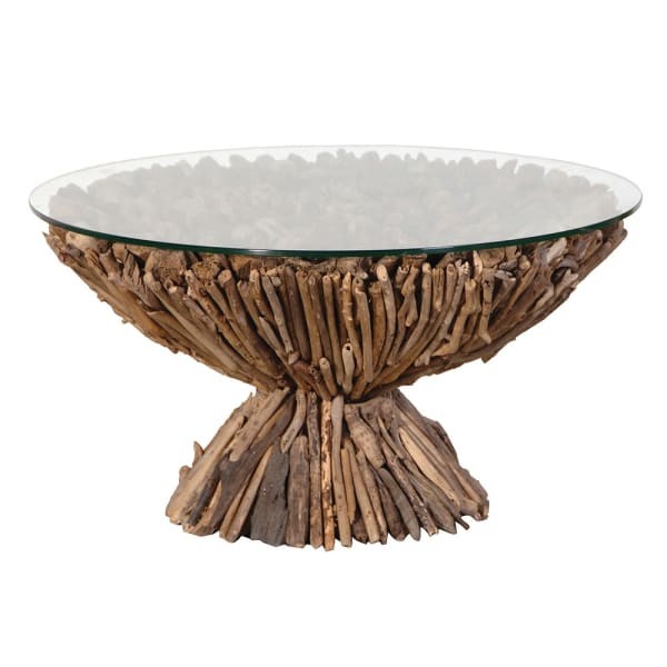 Round driftwood coffee table with toughened glass top