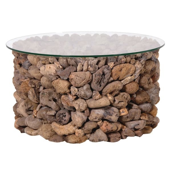 Driftwood Coffee Table 75 cm – Round Boho Glass Top Coffee Table