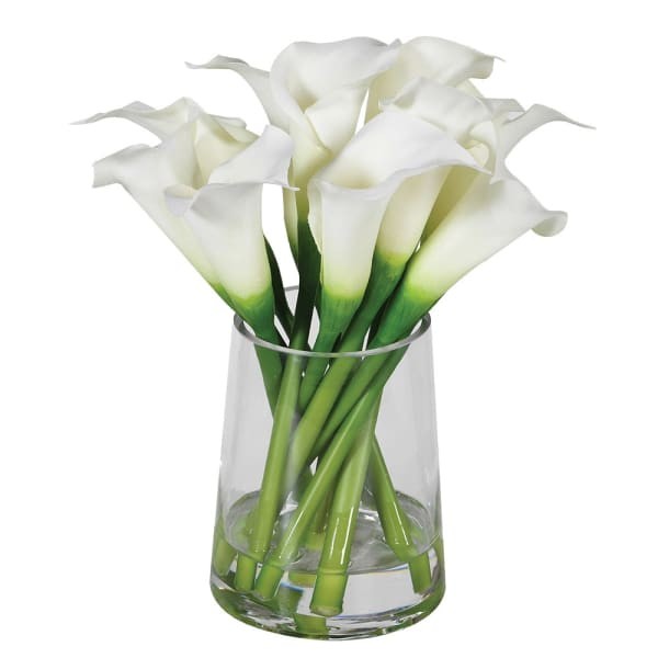 White Artificial Calla Lilies Arrangement in a Glass Vase, 23 cm