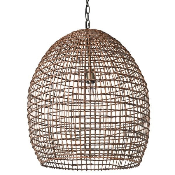 Oval pendant light with a handwoven natural rattan shade