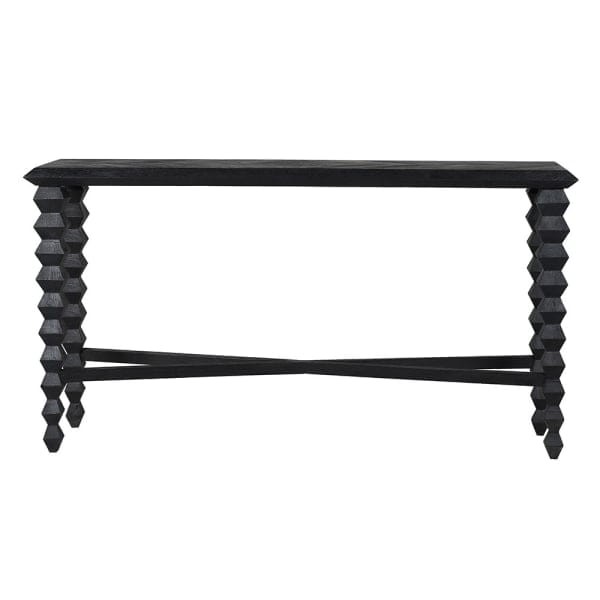 Black wooden hallway console with sculpted angular legs