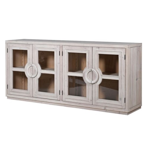 Recycled Light Wood Sideboard – 200 cm, Glass Fronts, Four Doors