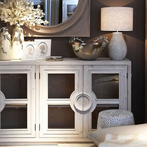 Large reclaimed pine sideboard with four glazed cabinet doors