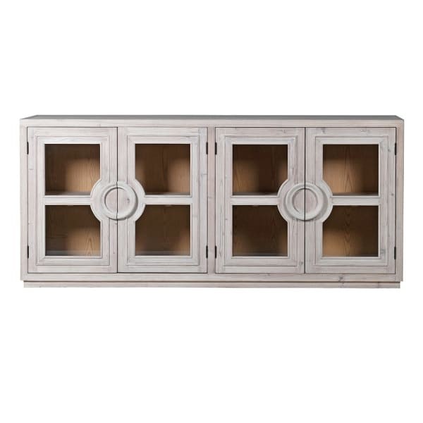 Premium reclaimed wood cabinet with glazed doors and natural finish