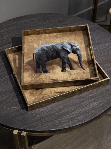 Elephant Decorative Trays 45 cm – Set of Two Antique Gold Glass Trays
