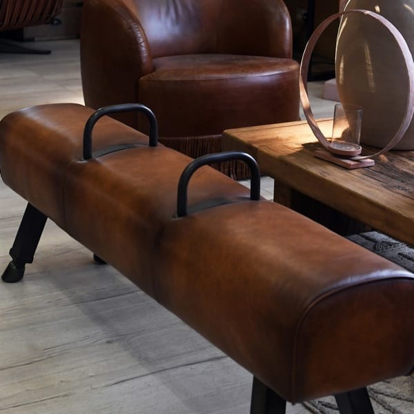 Brown Chester Leather Bench in genuine leather for a hallway or bedroom