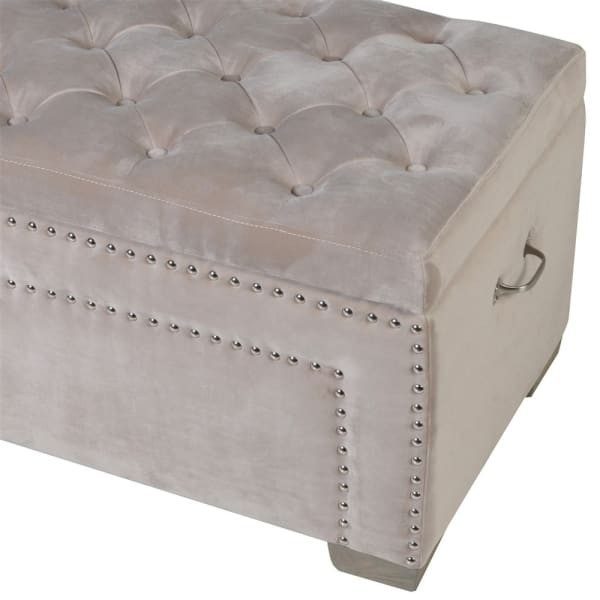 Chelsea beige velvet blanket box with tufted lid and stud detailing