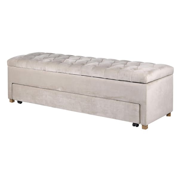 Chelsea Cream velvet storage bench 170cm with open blanket box and shoe drawer