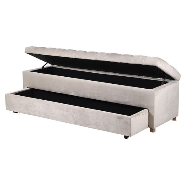 Chelsea Cream velvet storage bench 170cm with open blanket box and shoe drawer