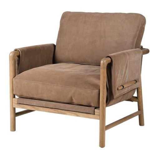 Suede Leather Armchair – 87 cm, Brown Suede, Oak Frame