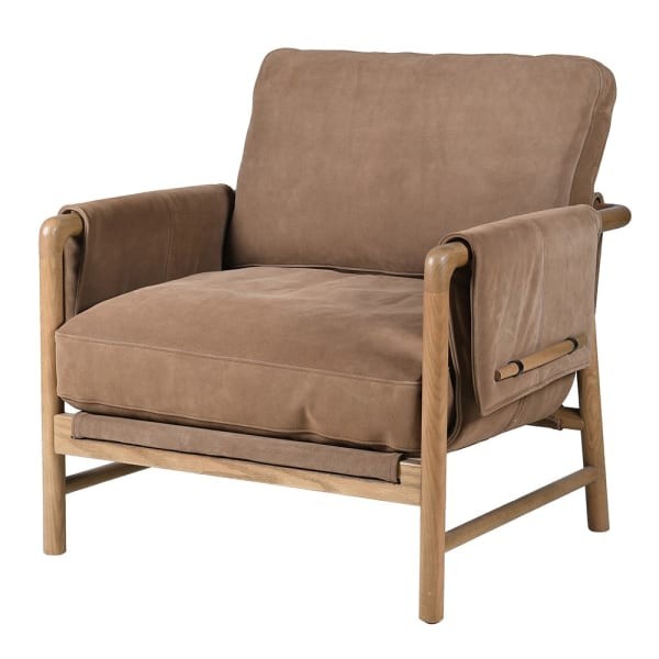 Suede light brown leather armchair with oak frame