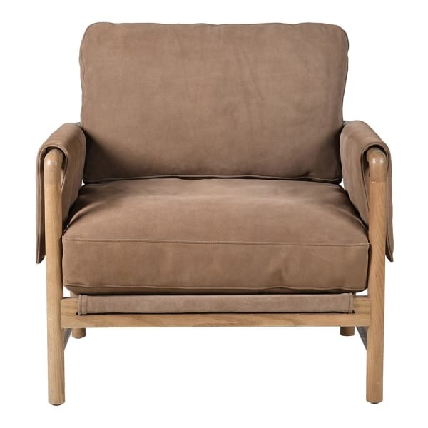 Light brown suede armchair with exposed timber structure