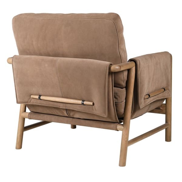 Suede leather chair with wooden arms and side panels