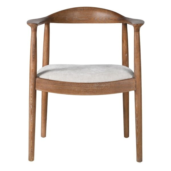 Light grey upholstered dining chair with natural oak frame
