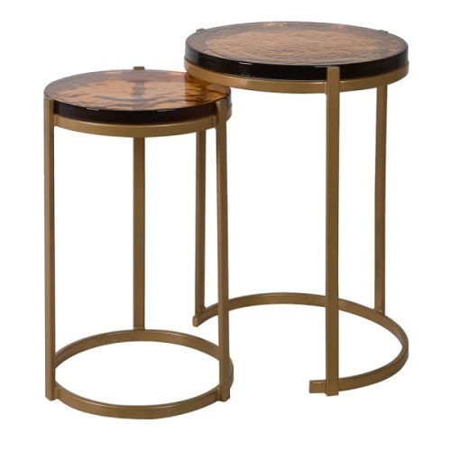 Amber Glass Side Tables with Gold Frames – Set of 2