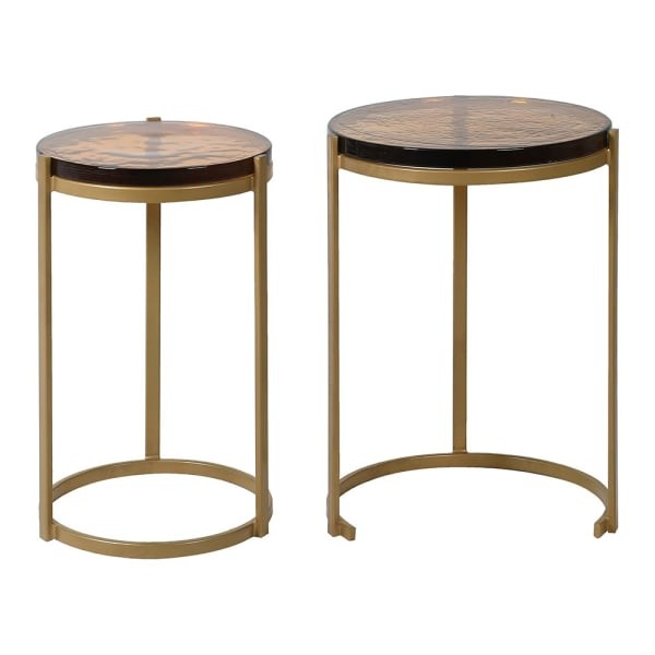 Round gold side tables with textured amber glass tops