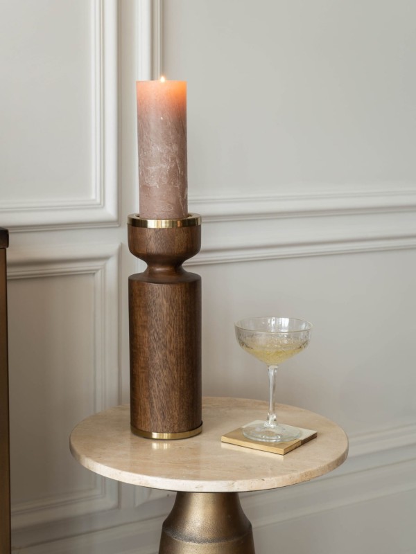 Tall wooden candle holder with antique gold aluminium details