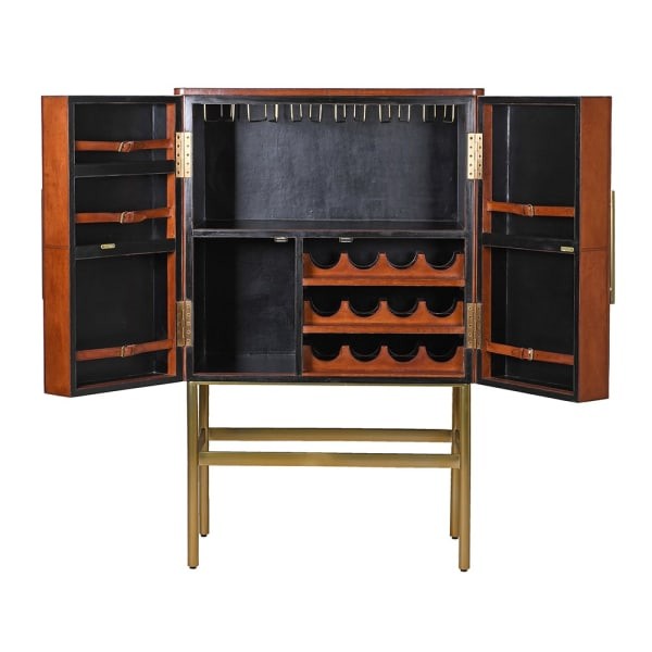 Jaipur Leather Bar Cabinet 137 cm – Brown & Brass Finish