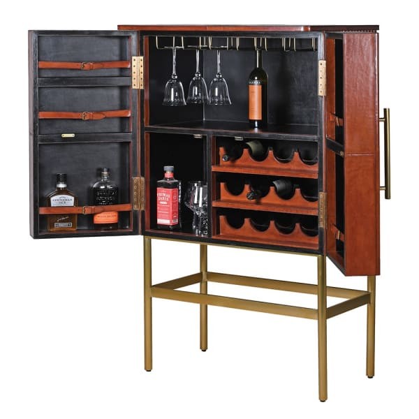 Jaipur Leather Bar Cabinet 137 cm – Brown & Brass Finish