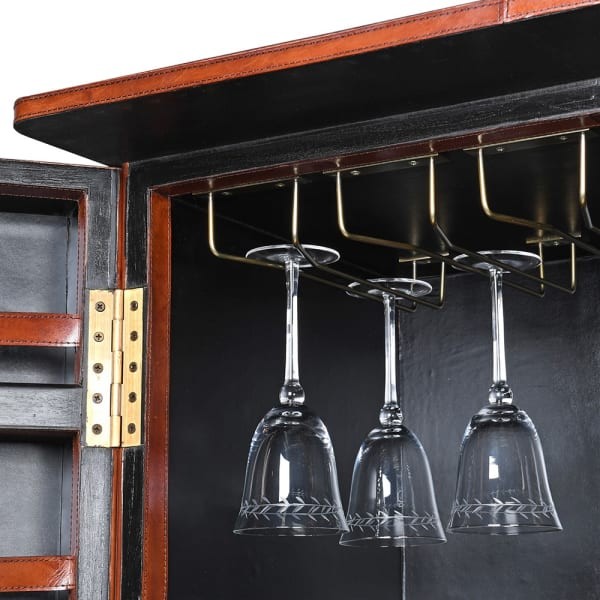 Jaipur Leather Bar Cabinet 137 cm – Brown & Brass Finish