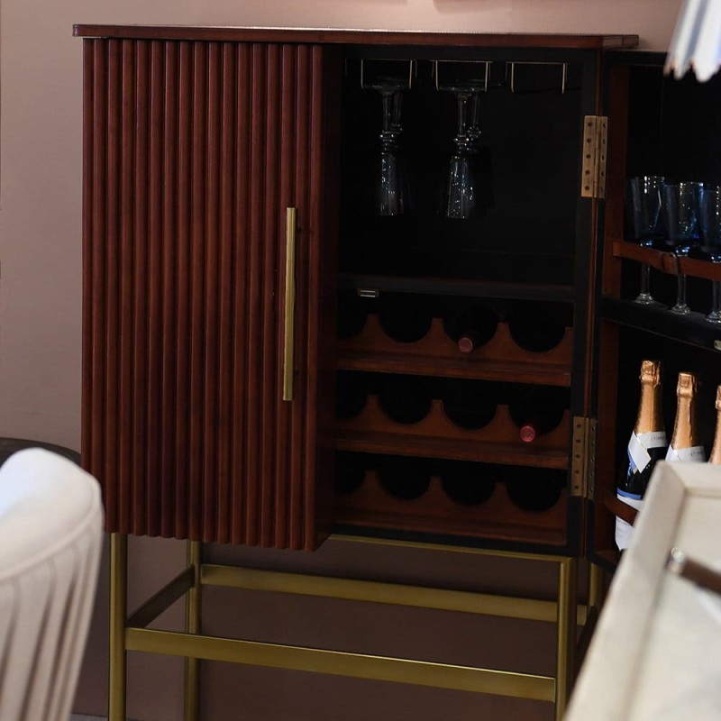 Jaipur Leather Bar Cabinet 137 cm – Brown & Brass Finish