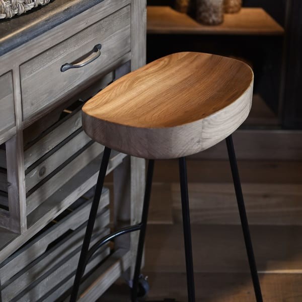 Farmhouse Oak Black 76 cm Bar Stool with Natural Oak Seat and Black Metal Frame