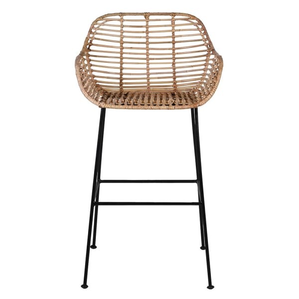 Rattan counter-height bar stool with black metal legs
