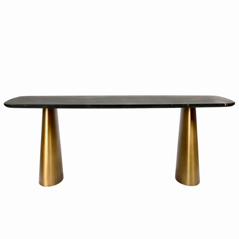 Sculptural metal table legs in a patinated brass finish