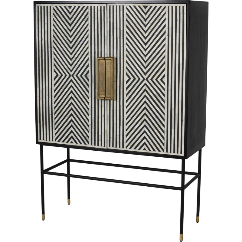 Black bar cabinet with geometric cream bone inlay