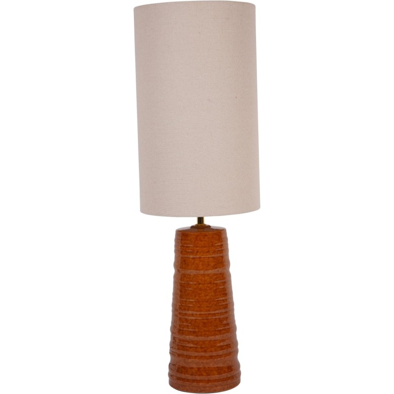 Tall terracotta table lamp with a light linen shade
