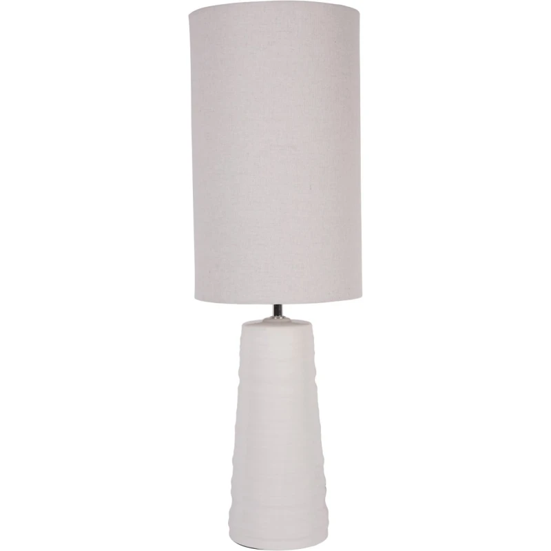 Tall white table lamp with a light linen shade