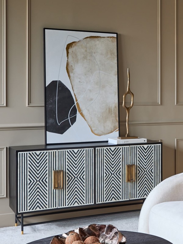 Black sideboard with cream geometric bone inlay