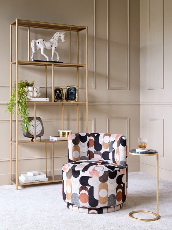Portico patterned velvet swivel chair with geometric upholstery