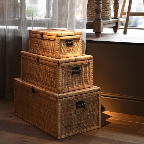Three Toba rattan storage trunks in different sizes