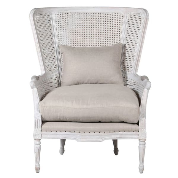 Camden Rattan Armchair 106 cm – Light Armchair with Vienna Cane Back and Linen Seat