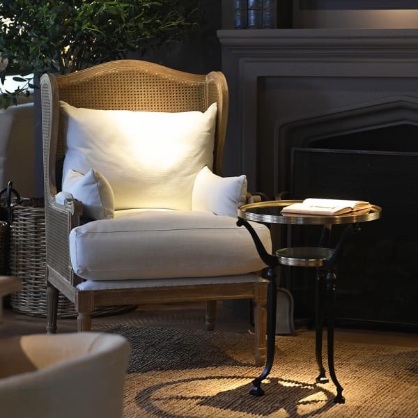 Manila Chair, oak wood, 116 cm, with white linen and cotton cushions