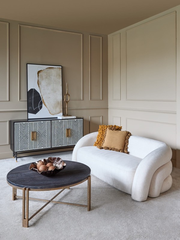 Stolik kawowy Knightsbridge 101 cm drewno mango podstawa metalowa antyczne złoto