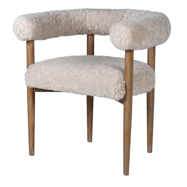 Pimlico cream faux fur dining armchair with solid ash wood frame