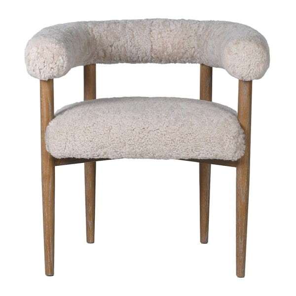 Designer Pimlico dining armchair with cream faux fur seat and wooden frame