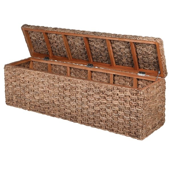 Large woven blanket box with mahogany wood frame