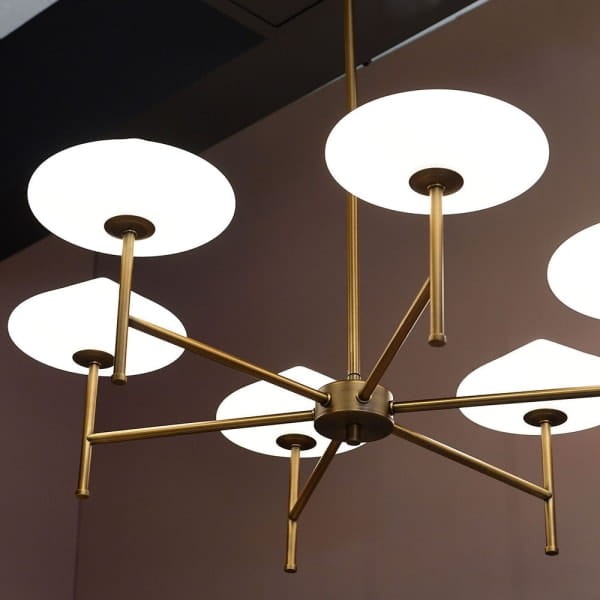 Luxury gold chandelier with six white glass shades