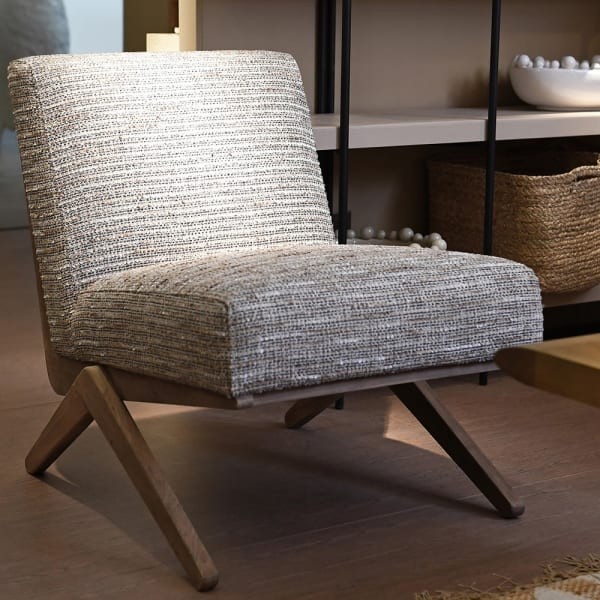 Grey accent chair with wooden frame