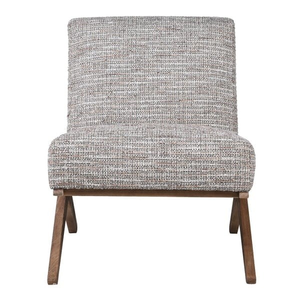 Grey armchair with exposed wooden frame