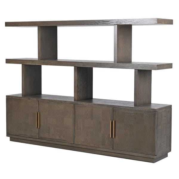 Camile Oak 220 cm Library Bookcase with Cupboards and Copper-Coloured Detailing