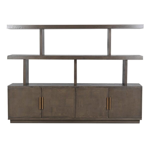 Camile Oak 220 cm Library Bookcase with Cupboards and Copper-Coloured Detailing