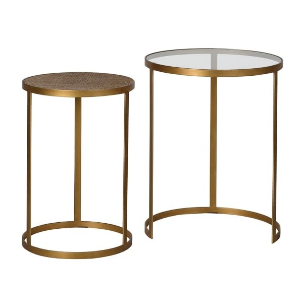 Gold round side tables with glass and rattan detail
