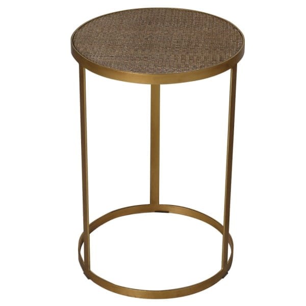 Gold round side tables with glass and rattan detail